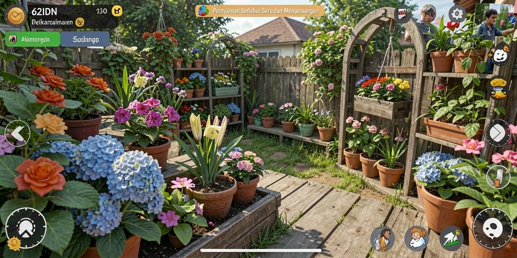 Screenshot gameplay 62IDN menampilkan kebun yang rimbun dan interaksi petani.