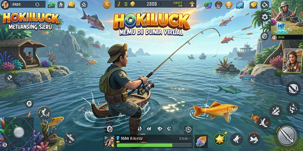 Tampilan gameplay HOKILUCK yang menarik saat menangkap ikan di danau.