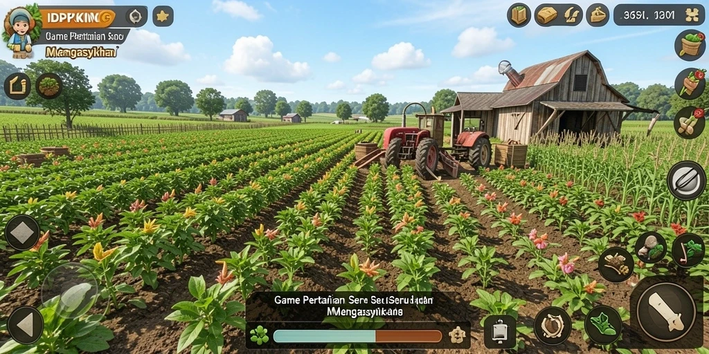 Screenshot gameplay IDPKING yang menampilkan ladang yang subur dan hewan ternak.