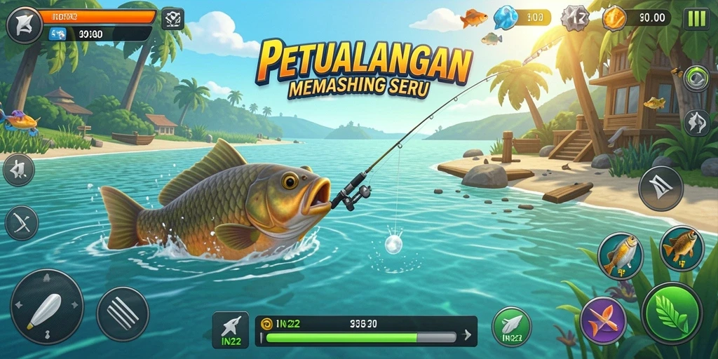 Screenshot gameplay IN22 menunjukkan pengalaman memancing yang tampak realistis dan mendebarkan.
