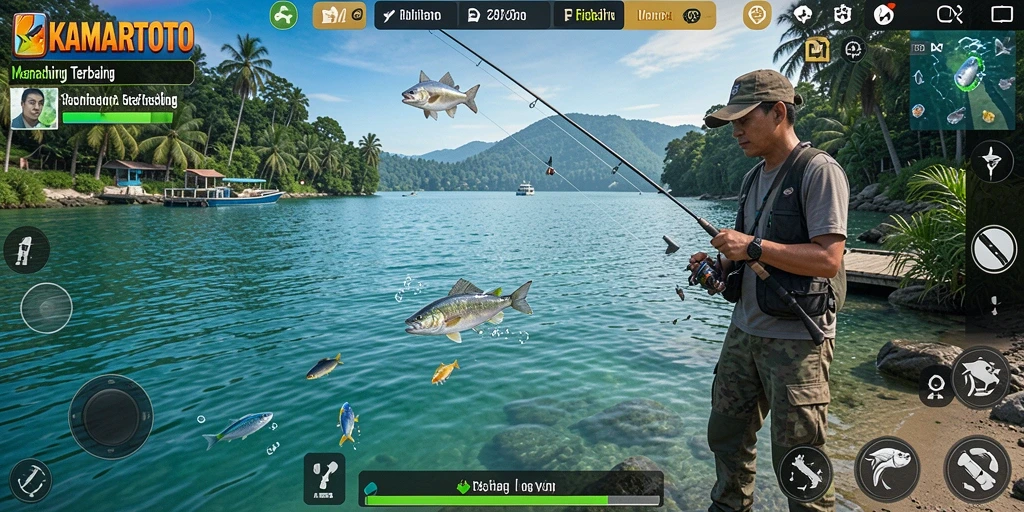 Screenshot gameplay KAMARTOTO menampilkan aksi memancing yang seru.