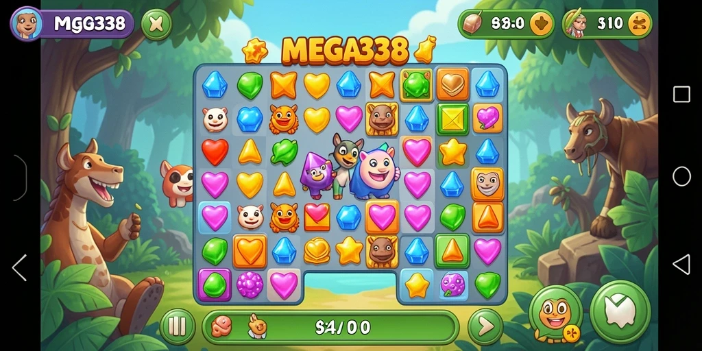 Tampilan menarik dari gameplay game Match-3 MEGA338.