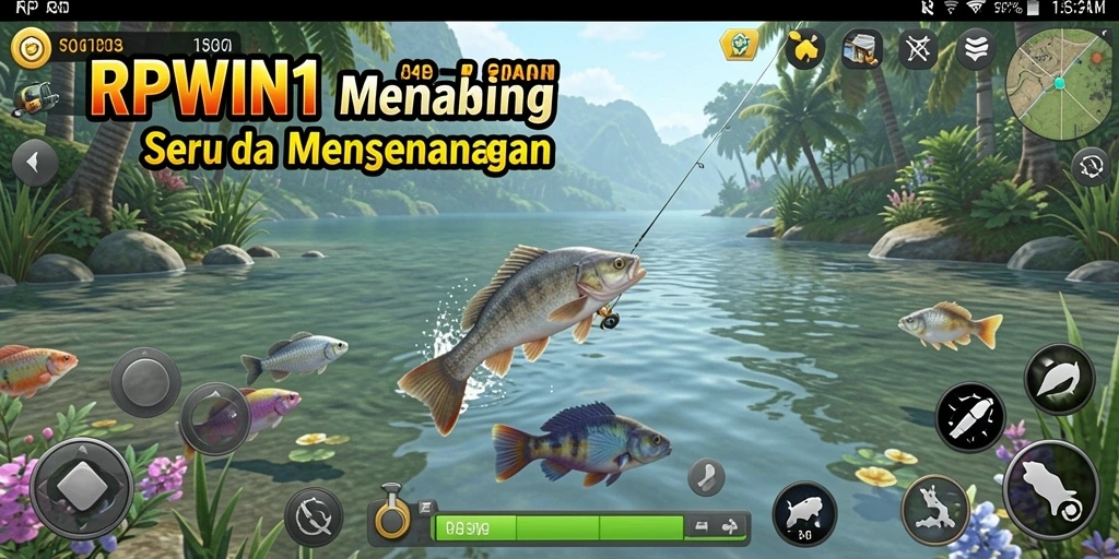Screenshot utama RPWIN1 menunjukkan gameplay memancing yang seru dan menawan.