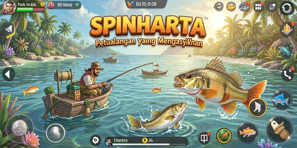 Screenshot utama SPINHARTA menampilkan aksi memancing seru dengan pemandangan yang memukau.